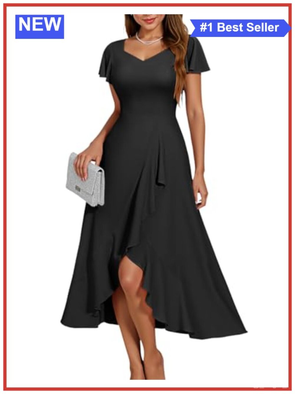 V-Neck Ruffle Sleeve High Low Cocktail Dress Wedding Guest Formal